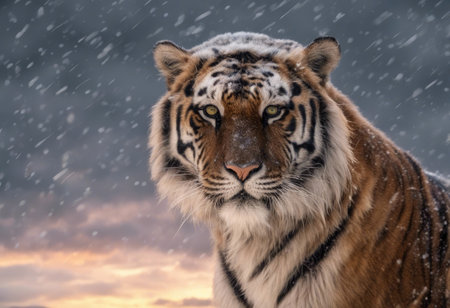 An AI generated illustration of a captivating tiger with piercing yellow eyes in the snowの素材