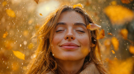 An AI generated illustration of an elegant woman with her eyes gently closed stands gracefully amidst a vibrant backdrop of golden yellow leavesの素材