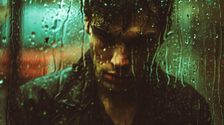 An AI generated illustration of a young man standing near a wet windowの素材