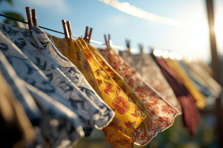 An AI illustration of colorful garments gently swaying on a rustic washing line.の素材