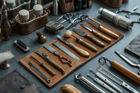 An AI generated illustration of vintage personal care tools at a barber shopの素材