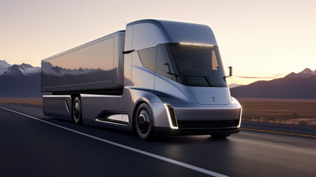 An electric semi truck driving on the road at sunset, AI-generated.の素材