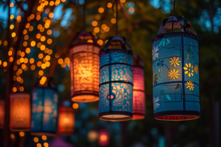 An AI-generated illustration of colorful paper lanterns hanging from tree branchesの素材