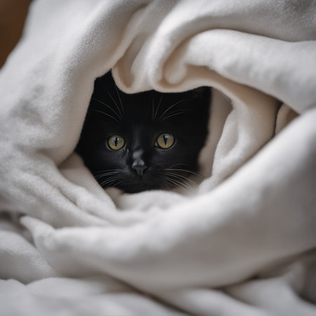 An AI generated illustration of A small scared kitten among a white blanketの素材