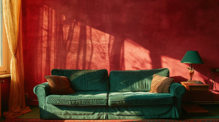 An AI generated illustration of a cozy living room featuring a stylish couch and a corner lampの素材