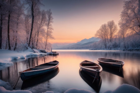 An AI generated illustration of Three docked boats on the shore of a serene lakeの素材