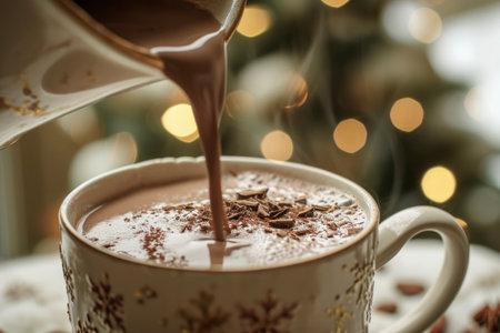 A person pouring chocolate into a coffee mug on a table, AI-generated.の素材