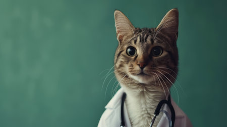 An AI-generated illustration of a cat dressed in a doctor's outfit, complete with a stethoscopeの素材