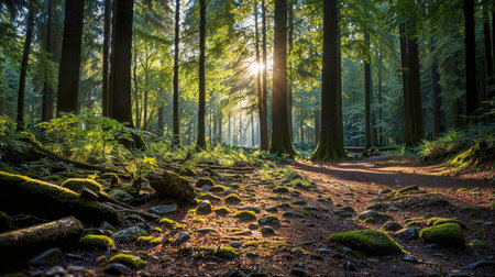 An AI generated illustration of Sun shining through mossy woodsの素材