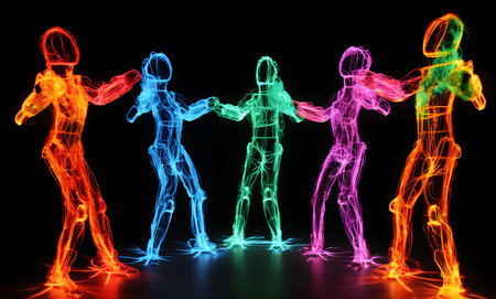 An AI generated illustration of Four neon figures holding hands in front of black backgroundの素材