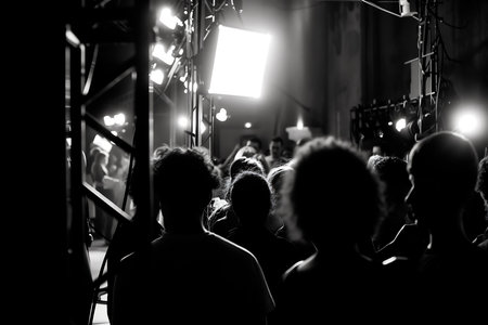 An AI generated illustration of a diverse crowd observing a grand architectural marvel during nighttimeの素材