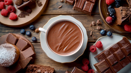 An AI generated illustration of Assorted donuts and a cup of rich chocolate on rustic wooden tableの素材