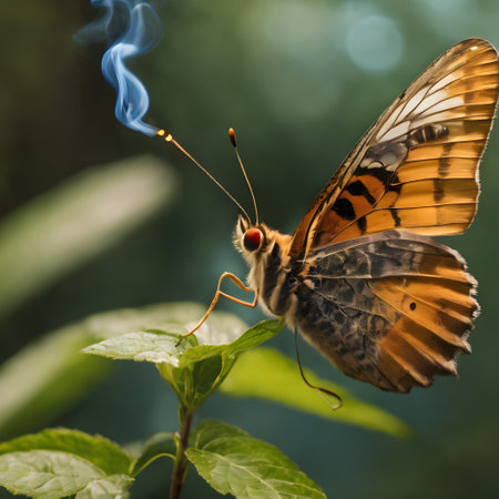 An AI generated illustration of Butterfly perched on leaf amidst vibrant blue smokeの素材