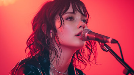An AI generated illustration of Female singer performing on stage with red stage lightsの素材
