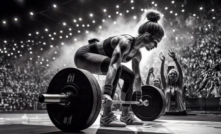 An AI generated illustration of Woman lifting barbell on stage during workoutの素材