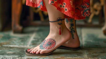 An AI generated illustration of a foot with a detailed East Asian umbrella tattoo and a traditional ankle bracelet, set against a cultural backdrop.の素材