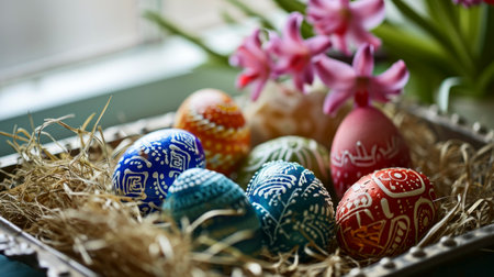 An AI generated illustration of decorated Easter eggs resting in a nest with a vase of flowers nearbyの素材