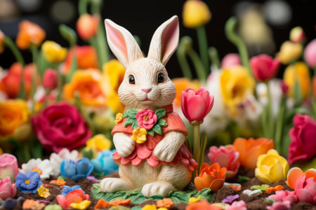 An AI generated illustration of Easter bunny amidst blooming flowers and plantsの素材