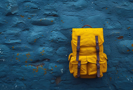 An AI generated illustration of A vibrant yellow bag suspended on a wall, captured in a photographの素材