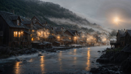 An AI generated illustration of misty fog envelops a quaint mountain village, with a serene riverの素材