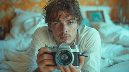 An AI generated illustration of a man photographing on bed, using a vintage cameraの素材