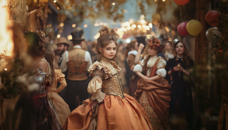 An AI-generated illustration of a girl in Renaissance gown at a historical reenactment festivalの素材