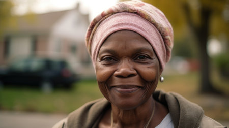 An AI generated illustration of a happy African senior woman wearing a vibrant pink turbanの素材