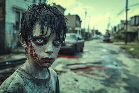 A horrific zombie child in a bleak urban scene, AI-generated.の素材