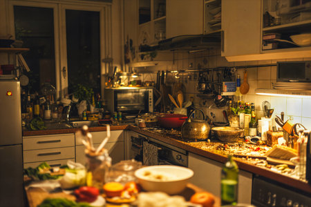 The various food items arranged on a kitchen table, AI-generated.の素材