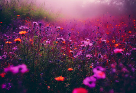 An AI generated illustration of Sun shining brightly in a vibrant wildflower fieldの素材