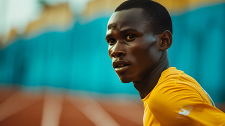 An AI generated illustration of Man wearing yellow t-shirt playing tennis on courtの素材