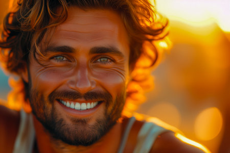 An AI generated illustration of a cheerful man with a radiant smile, emitting a bright lightの素材