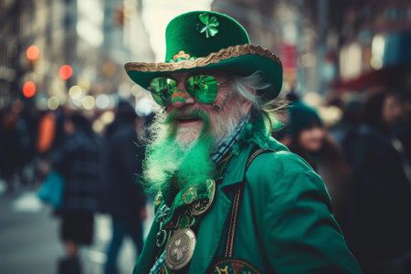 An AI generated illustration of a man dressed as shamrock king with a green hat and beardの素材