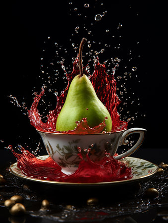 An AI generated illustration of Tea cup with water and splashing red wineの素材