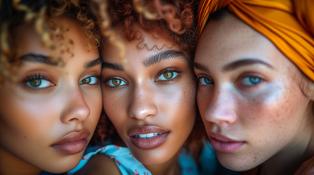 An AI generated illustration of women, their freckles like stars against their skin, sharing a moment of unity and serene beautyの素材