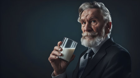 An AI generated illustration of an elderly person having a cup of milk with text space, the concept of the importance of milk for World Milk Dayの素材