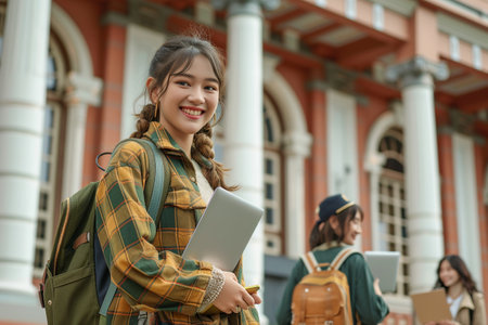 An AI generated illustration of a cheerful young female student holding a digital tablet standing outside a university buildingの素材