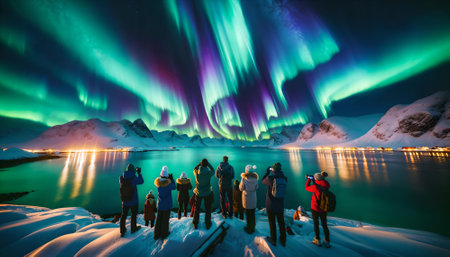An AI generated illustration of A diverse group of individuals illuminated by mesmerizing aurora lights in the night skyの素材
