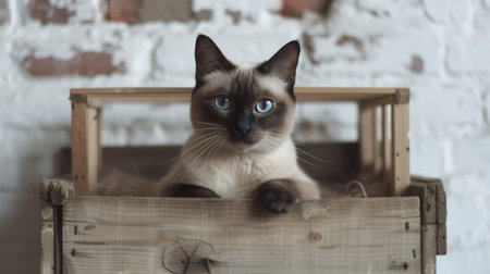 An AI-generated illustration of a Siamese cat sitting in a vintage wooden crateの素材