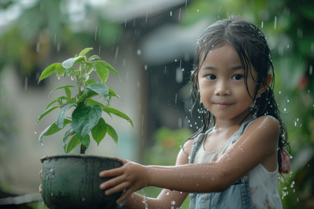 An AI generated illustration of a young girl washing a pot with water on her handsの素材