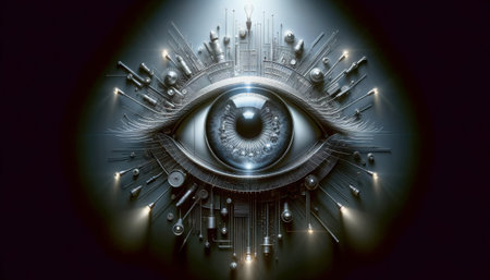 An AI generated illustration of A detailed mechanical eye with intricate designs and glowing bulbs on a dark backgroundの素材