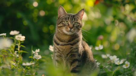 An AI generated illustration of a tabby cat sitting on green grassの素材