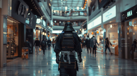 An AI generated illustration of a fierce warrior navigating a bustling shopping mallの素材