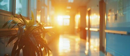 An AI generated illustration of an indoor potted plant in a sunlit hospital corridorの素材