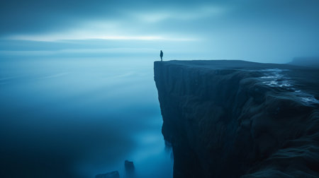 An AI generated illustration of a solitary figure standing at the edge of a cliff overlooking the sea at dawnの素材