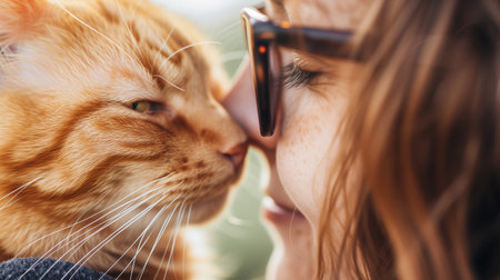 An AI-generated illustration of a woman cuddling with a ginger catの素材