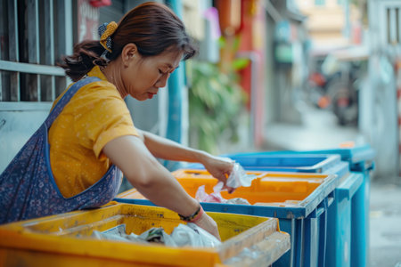 An AI generated illustration of a woman drinking from a blue container on the sidewalkの素材