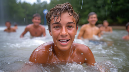 An AI-generated illustration of a group of teenagers enjoying swimming in the riverの素材