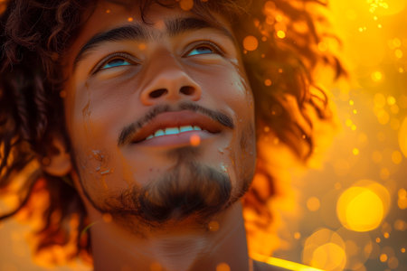 An AI generated illustration of a man with piercing blue eyes gazing confidently at the camera amidst vibrant yellow lightsの素材