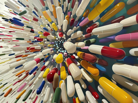 An AI generated illustration of Colorful pens arranged in a circular pattern, featuring white, red, yellow, and green huesの素材